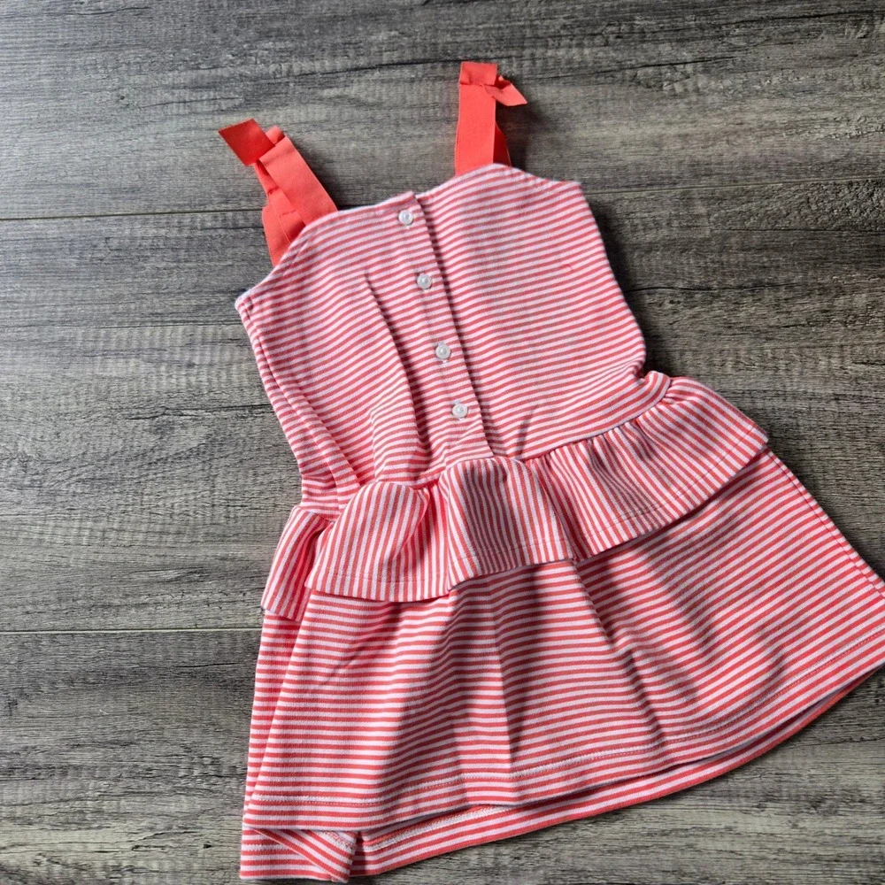 Janie and Jack Girls 2T Coral White Striped Peplum Dress Bow Straps Button Back
